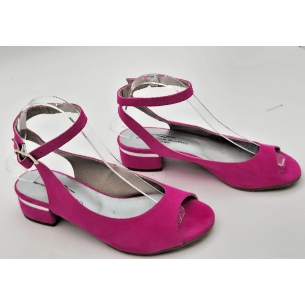 Brenda Zaro Women's Pink 37 Open Toe Block Heel Sandals Ankle Strap Suede Silver